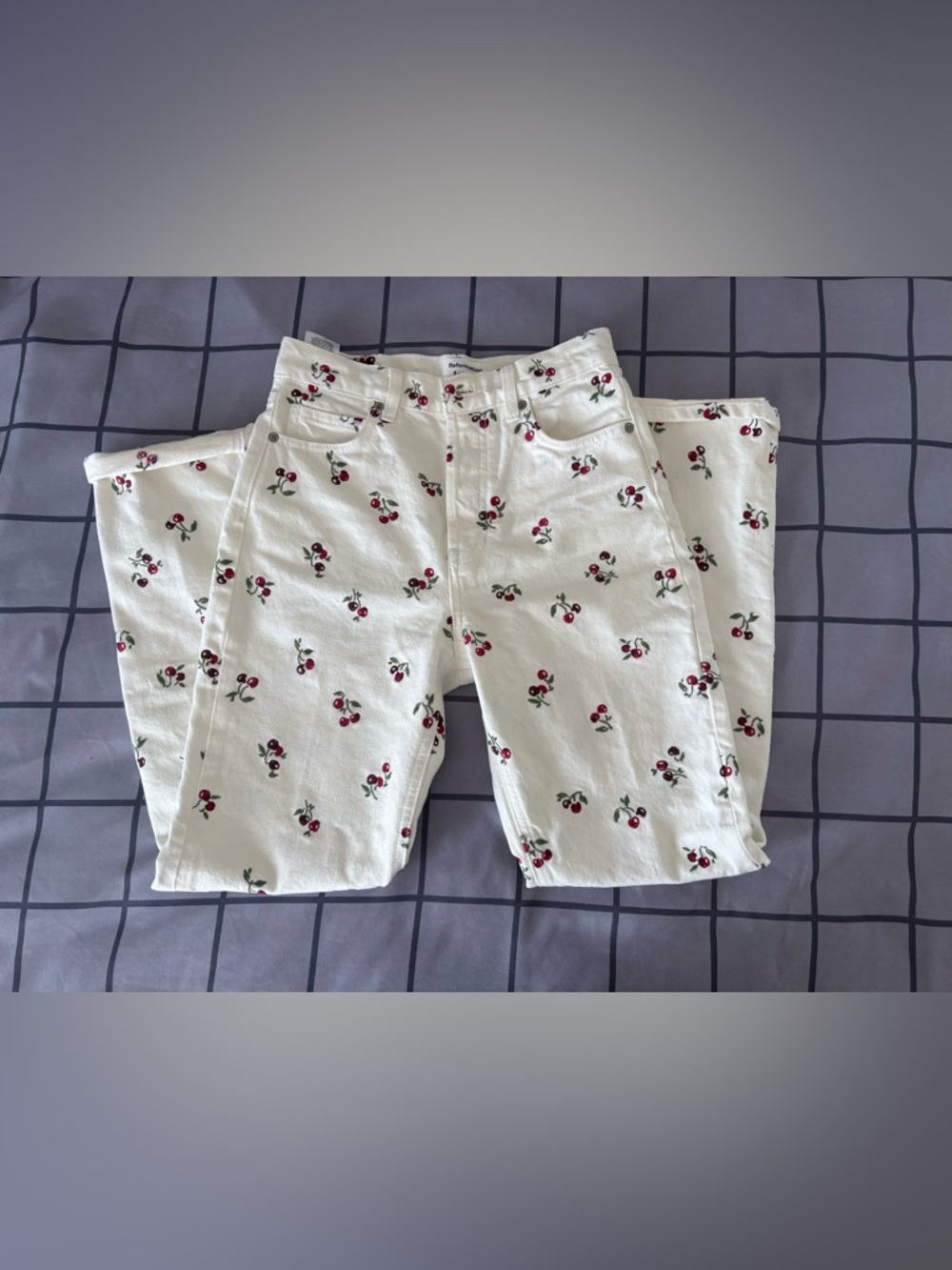 Reformation White Jeans with Cherry Embroidery